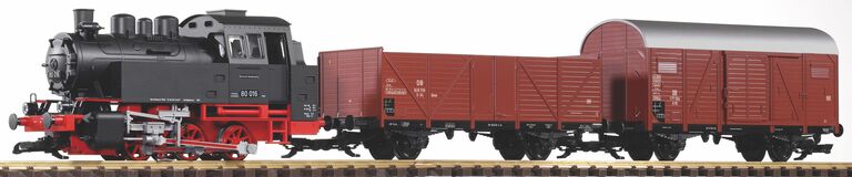 Zestaw startowy z lokomotywą BR80 i wagonami towarowymi, z dźwiękiem i dymem (skala G) PIKO 37120 (1)